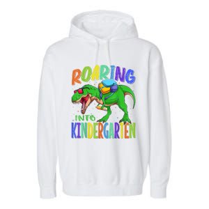 Roaring Into Kindergarten Dinosaur T Rex Back To School Boy Garment-Dyed Fleece Hoodie