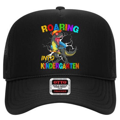 Roaring Into Kindergarten T Rex Dinosaur Back To School High Crown Mesh Back Trucker Hat