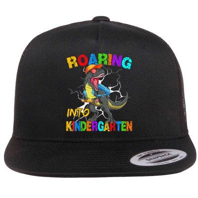 Roaring Into Kindergarten T Rex Dinosaur Back To School Flat Bill Trucker Hat