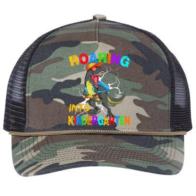 Roaring Into Kindergarten T Rex Dinosaur Back To School Retro Rope Trucker Hat Cap