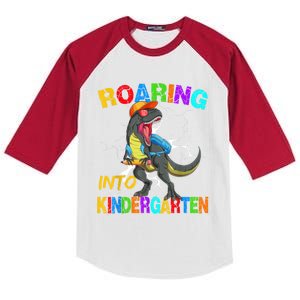 Roaring Into Kindergarten T Rex Dinosaur Back To School Kids Colorblock Raglan Jersey