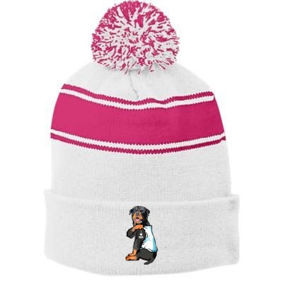 Rottweiler I Love Mom Tattoo Stripe Pom Pom Beanie