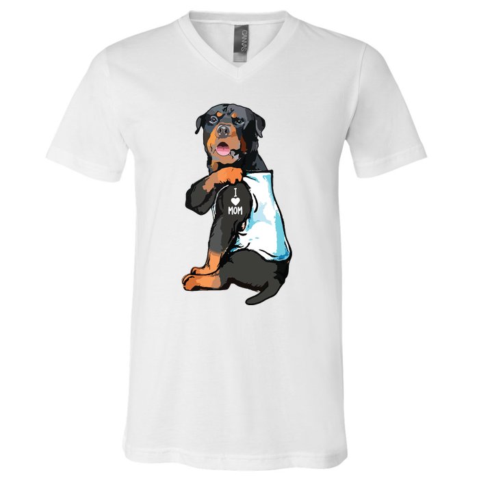 Rottweiler I Love Mom Tattoo V-Neck T-Shirt