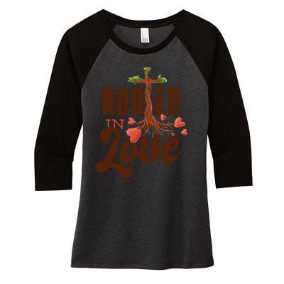 Rooted In Love Jesus Cross Women's Tri-Blend 3/4-Sleeve Raglan Shirt