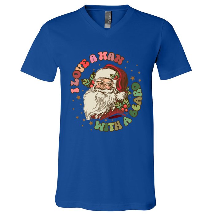 Retro I Love A With A Beard Santa Claus Merry Christmas Great Gift V-Neck T-Shirt