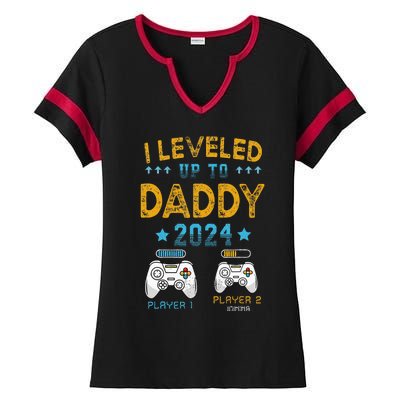 Retro I Leveled Up To Daddy 2024 First Time Dad Ladies Halftime Notch Neck Tee