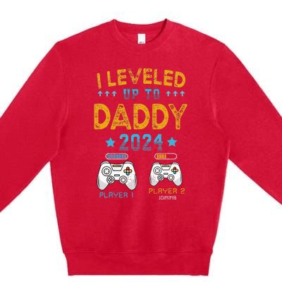 Retro I Leveled Up To Daddy 2024 First Time Dad Premium Crewneck Sweatshirt