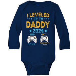 Retro I Leveled Up To Daddy 2024 First Time Dad Baby Long Sleeve Bodysuit