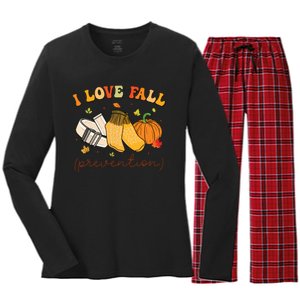 Retro I Love Fall Prevention Fall Physical Therapy Groovy Women's Long Sleeve Flannel Pajama Set 