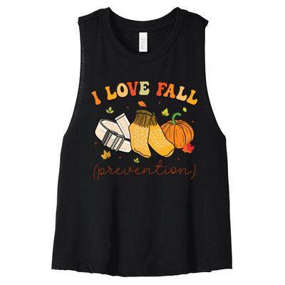 Retro I Love Fall Prevention Fall Physical Therapy Groovy Women's Racerback Cropped Tank