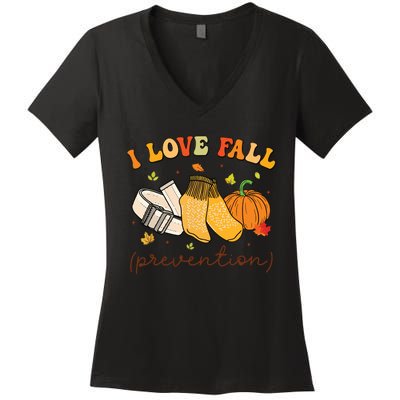 Retro I Love Fall Prevention Fall Physical Therapy Groovy Women's V-Neck T-Shirt