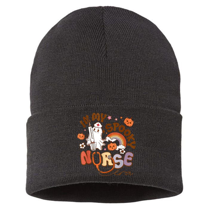 Retro In My Spooky Nurse Era Funny Spooky Nurse Halloween Sustainable Knit Beanie