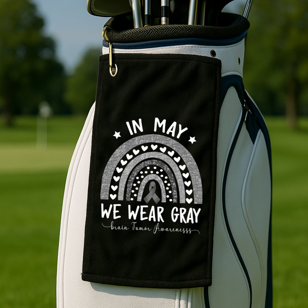 Rainbow In May We Wear Gray Brain Tumor Awareness Month Gift Golf Towel