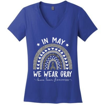 Rainbow In May We Wear Gray Brain Tumor Awareness Month Gift Women's V-Neck T-Shirt