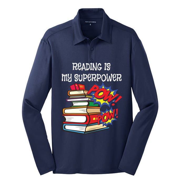 Reading Is My Super Power Superhero Best English Teacher Silk Touch Performance Long Sleeve Polo