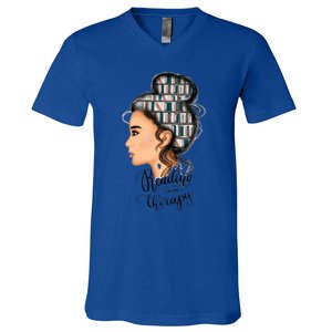 Reading Is My Therapy Messy Bun Gift V-Neck T-Shirt