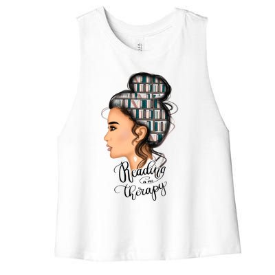 Reading Is My Therapy Messy Bun Gift Women's Racerback Cropped Tank