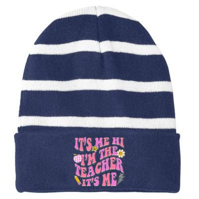 Retro Its Me Hi Im The Teacher Its Me Striped Beanie with Solid Band