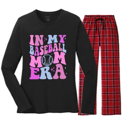 Retro In My Baseball Mom Era Funny Game Day Baseball Lover Women's Long Sleeve Flannel Pajama Set 