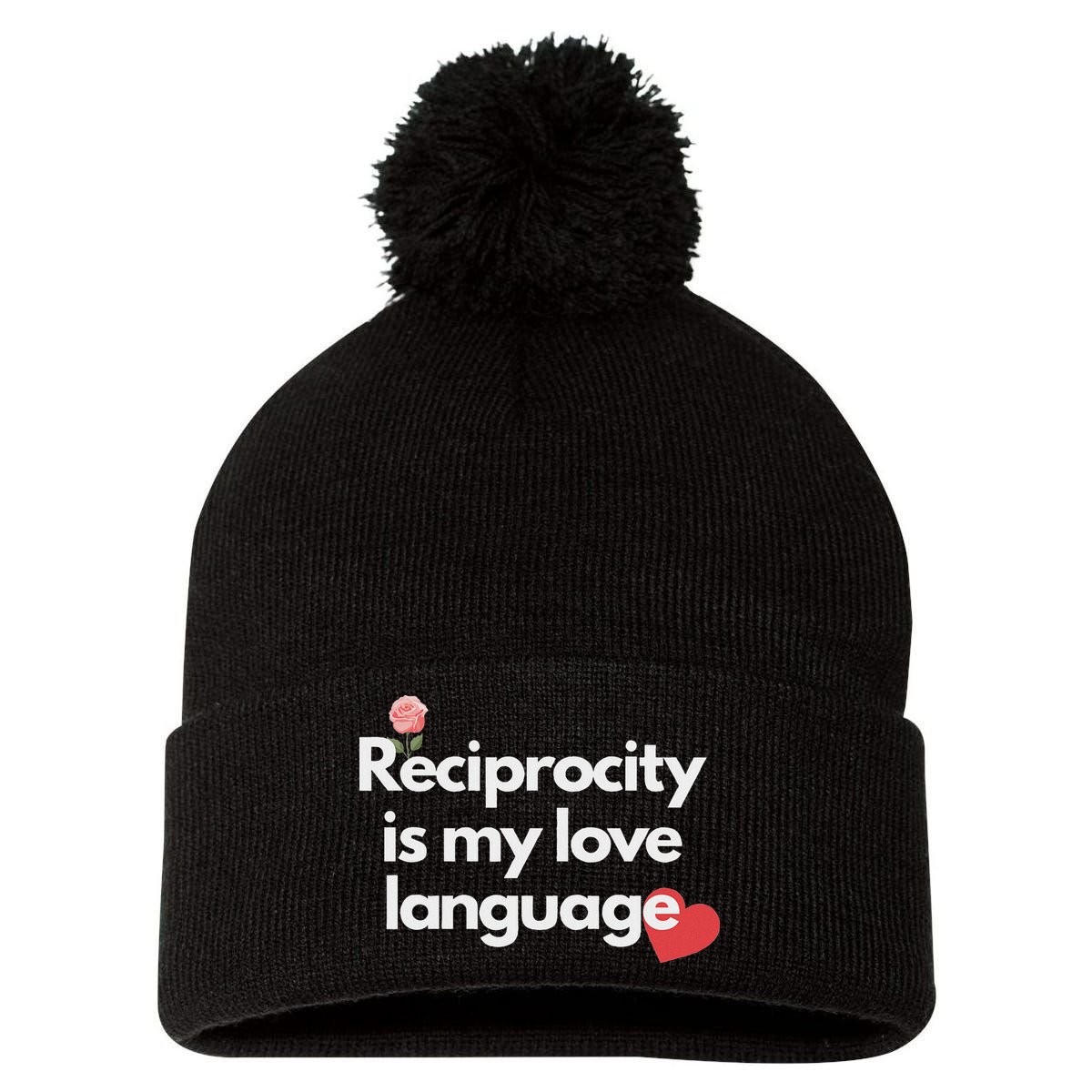 Reciprocity Is My Love Language Flower Red Heart Pom Pom 12in Knit Beanie