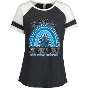 Rainbow In March We Wear Blue Ribbon Colon Cancer Awareness Cute Gift Enza Ladies Jersey Colorblock Tee