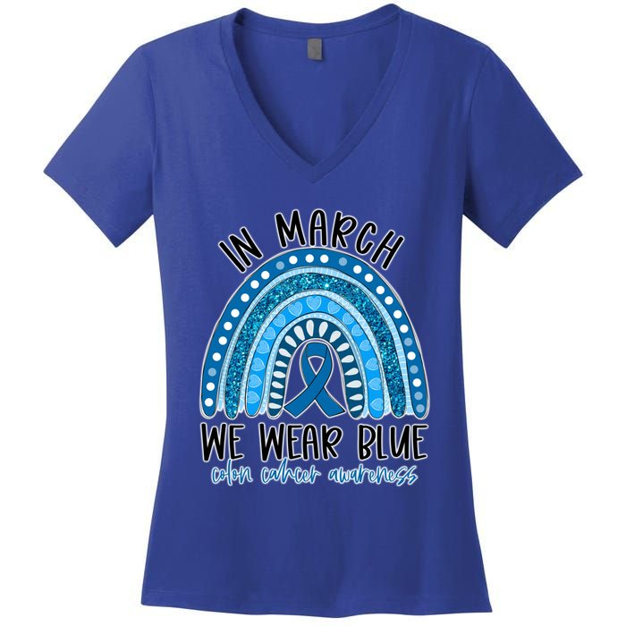 Rainbow In March We Wear Blue Ribbon Colon Cancer Awareness Cute Gift Women's V-Neck T-Shirt