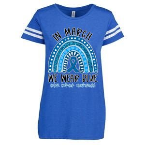 Rainbow In March We Wear Blue Ribbon Colon Cancer Awareness Cute Gift Enza Ladies Jersey Football T-Shirt