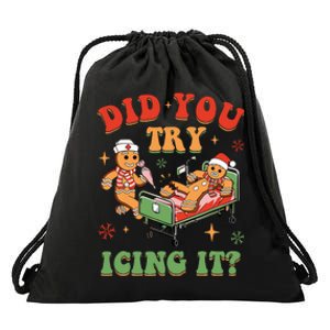 Retro Icu Nurse Christmas Gingerbread Did You Try Icing It Drawstring Bag