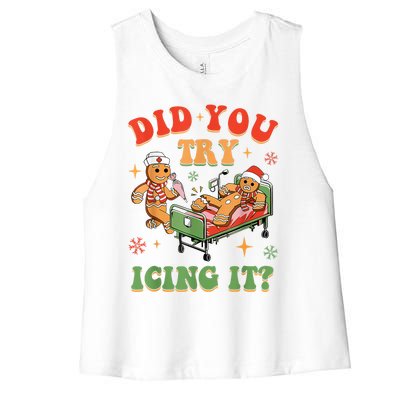 Retro Icu Nurse Christmas Gingerbread Did You Try Icing It Women's Racerback Cropped Tank