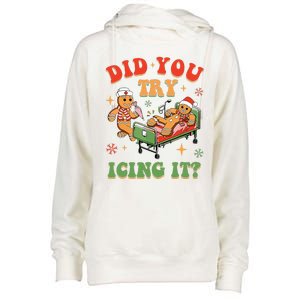 Retro Icu Nurse Christmas Gingerbread Did You Try Icing It Womens Funnel Neck Pullover Hood