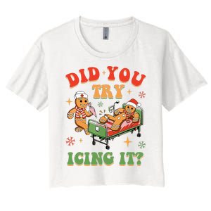 Retro Icu Nurse Christmas Gingerbread Did You Try Icing It Women's Crop Top Tee