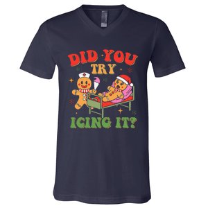 Retro Icu Nurse Christmas Gingerbread Did You Try Icing It V-Neck T-Shirt