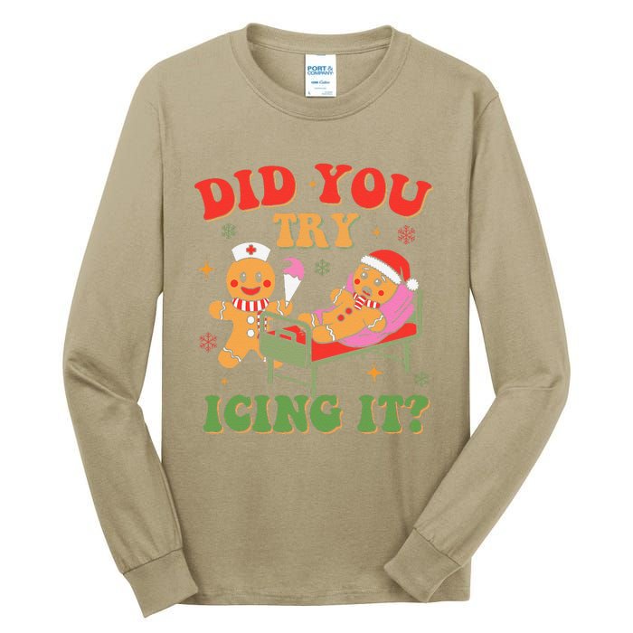 Retro Icu Nurse Christmas Gingerbread Did You Try Icing It Tall Long Sleeve T-Shirt