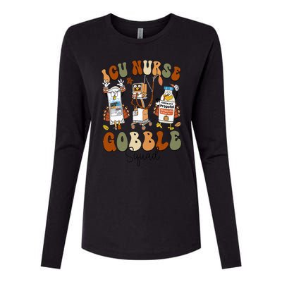 Retro ICU Nurse Gobble Squad Thanksgiving Fall Autumn Turkey Womens Cotton Relaxed Long Sleeve T-Shirt