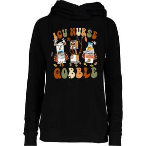 Retro ICU Nurse Gobble Squad Thanksgiving Fall Autumn Turkey Womens Funnel Neck Pullover Hood