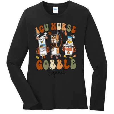 Retro ICU Nurse Gobble Squad Thanksgiving Fall Autumn Turkey Ladies Long Sleeve Shirt