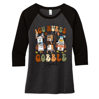 Retro ICU Nurse Gobble Squad Thanksgiving Fall Autumn Turkey Women's Tri-Blend 3/4-Sleeve Raglan Shirt