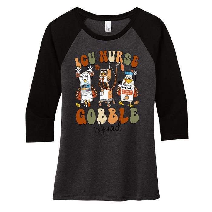 Retro ICU Nurse Gobble Squad Thanksgiving Fall Autumn Turkey Women's Tri-Blend 3/4-Sleeve Raglan Shirt