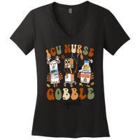 Retro ICU Nurse Gobble Squad Thanksgiving Fall Autumn Turkey Women's V-Neck T-Shirt