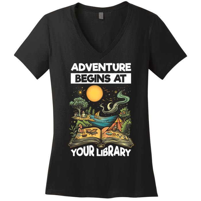 Reading Is Out There Adventure Begins At Your Library Summer Women's V-Neck T-Shirt