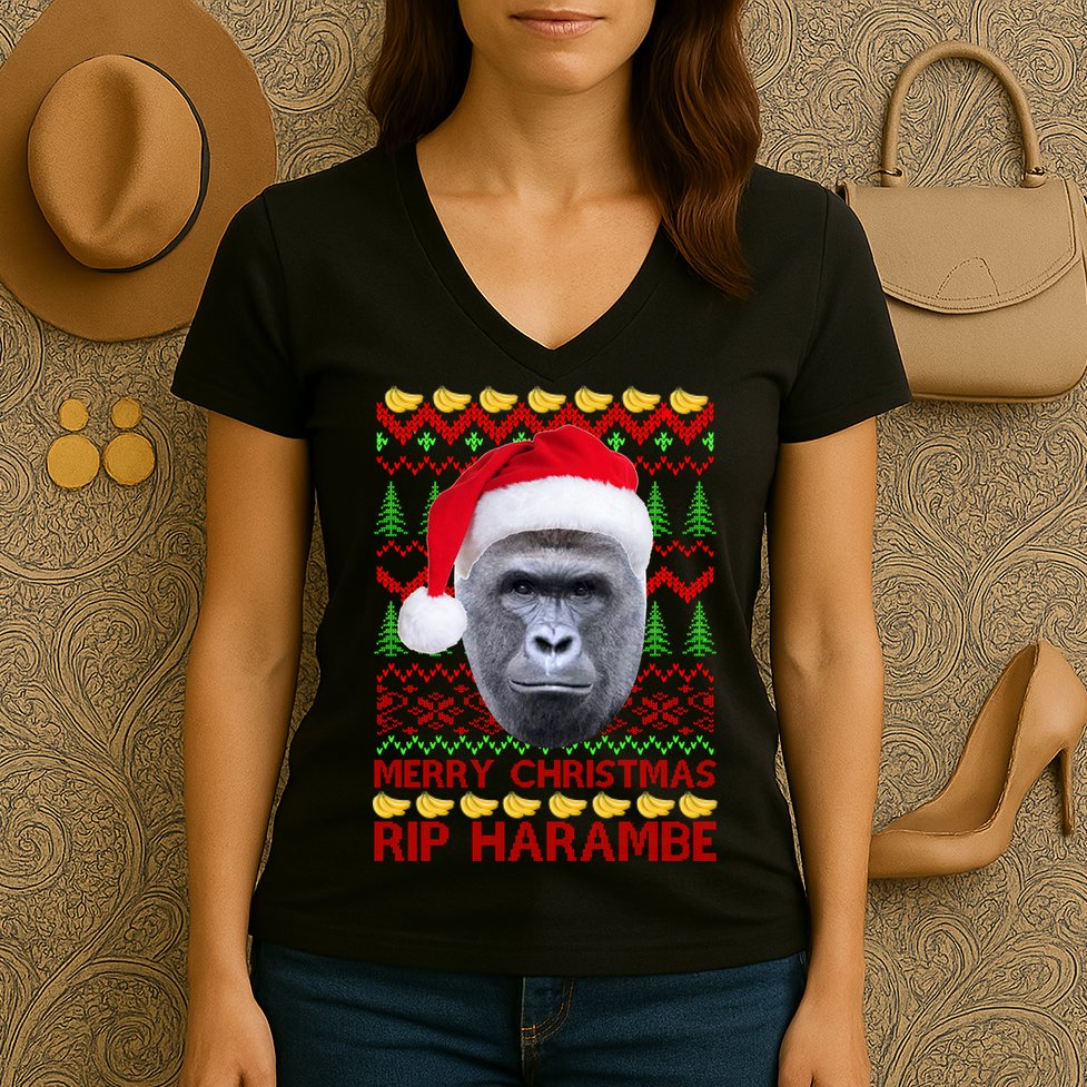 RIP Harambe Merry Ugly Christmas Sweater Women's V-Neck T-Shirt