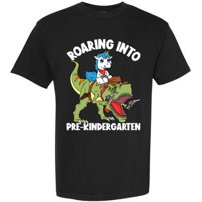 Roaring Into Prekindergarten Unicorn Riding Dinosaur Gift Garment-Dyed Heavyweight T-Shirt
