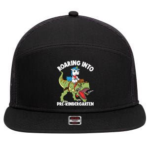 Roaring Into Prekindergarten Unicorn Riding Dinosaur Gift 7 Panel Mesh Trucker Snapback Hat