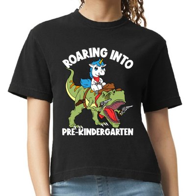 Roaring Into Prekindergarten Unicorn Riding Dinosaur Gift Comfort Colors Boxy T-Shirt