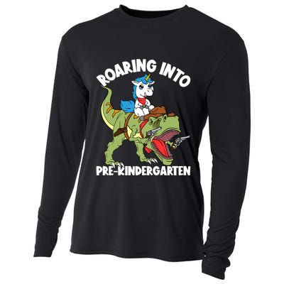 Roaring Into Prekindergarten Unicorn Riding Dinosaur Gift Cooling Performance Long Sleeve Crew