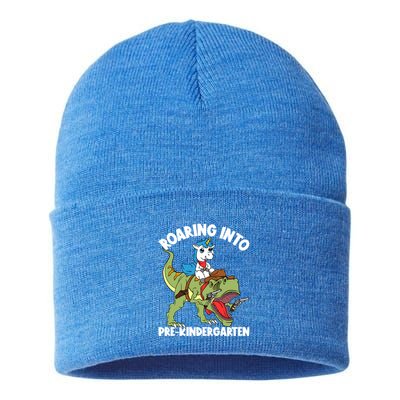 Roaring Into Prekindergarten Unicorn Riding Dinosaur Gift Sustainable Knit Beanie