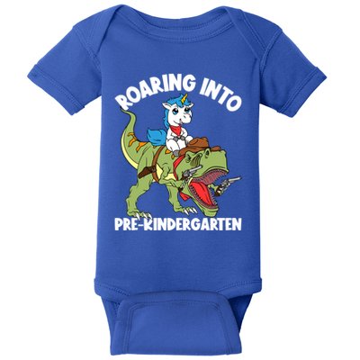 Roaring Into Prekindergarten Unicorn Riding Dinosaur Gift Baby Bodysuit