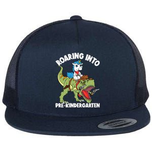 Roaring Into Prekindergarten Unicorn Riding Dinosaur Gift Flat Bill Trucker Hat