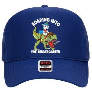 Roaring Into Prekindergarten Unicorn Riding Dinosaur Gift High Crown Mesh Back Trucker Hat