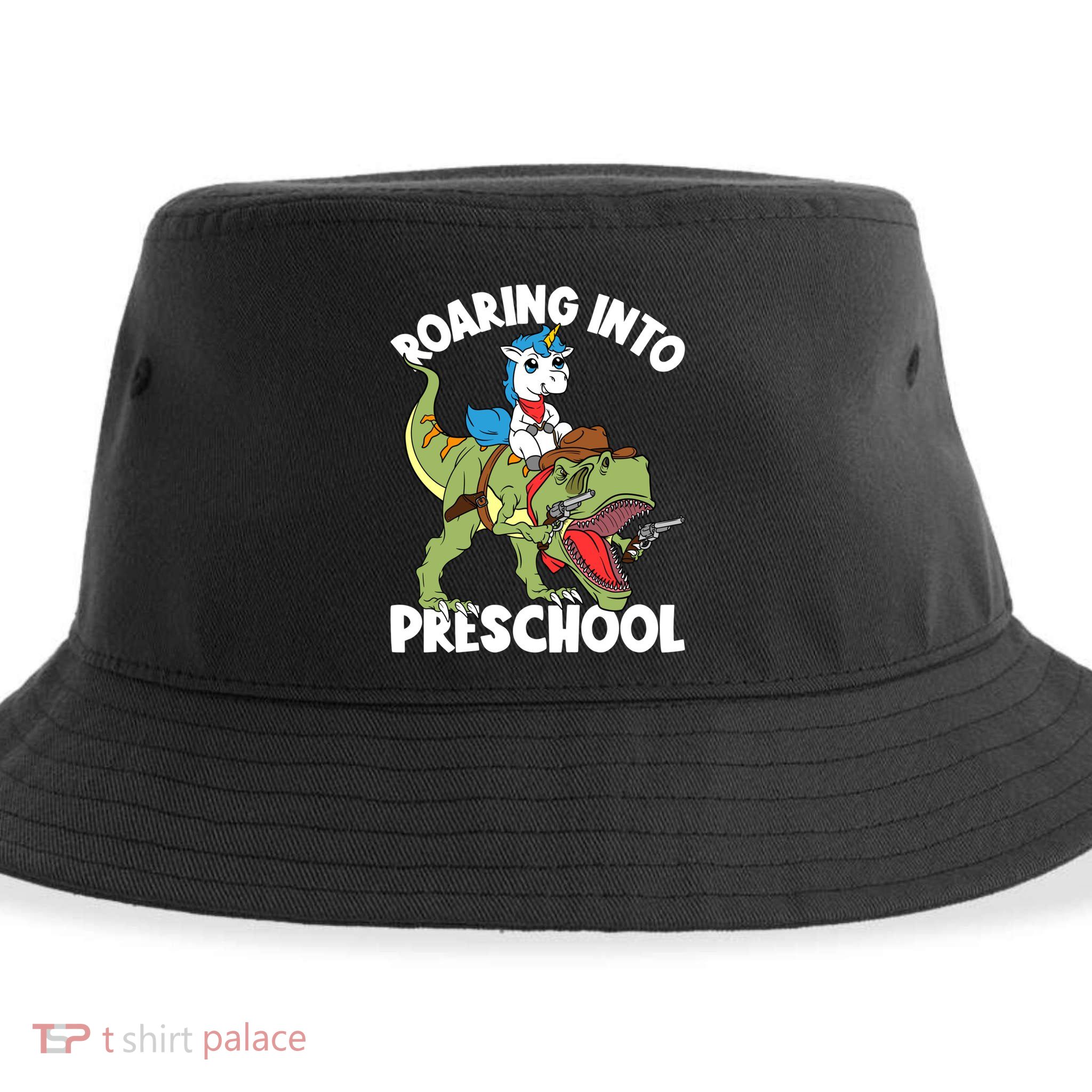 Roaring Into Preschool Unicorn Riding Dinosaur Great Gift Sustainable Bucket Hat